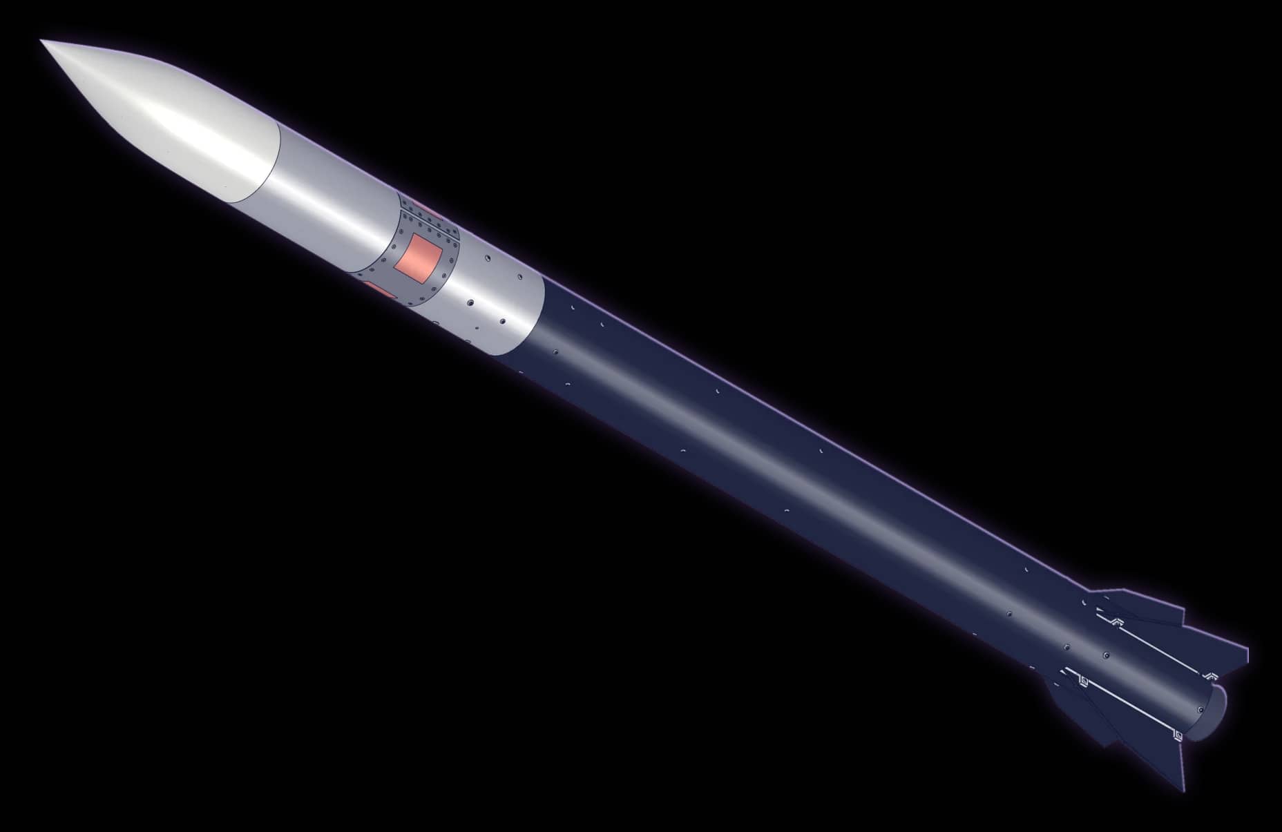 CAD render of a sounding rocket designed by Zenith, with a wrap-around antenna section behind the nose cone