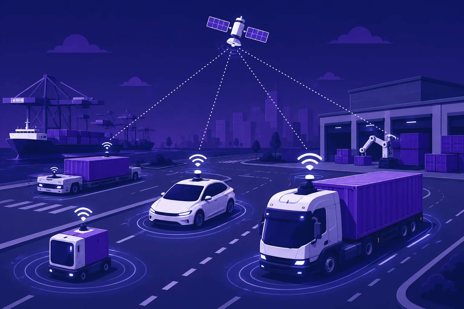 Illustration of autonomous trucks, cars and delivery robots using satellite positioning