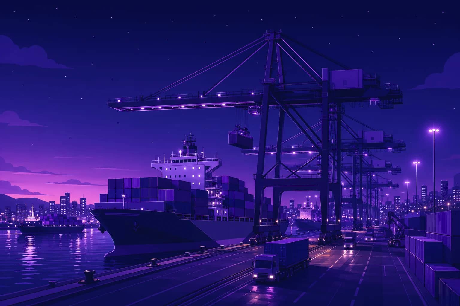 Illustration of a container terminal at night: ship-to-shore cranes load a container ship while trucks move along the quay