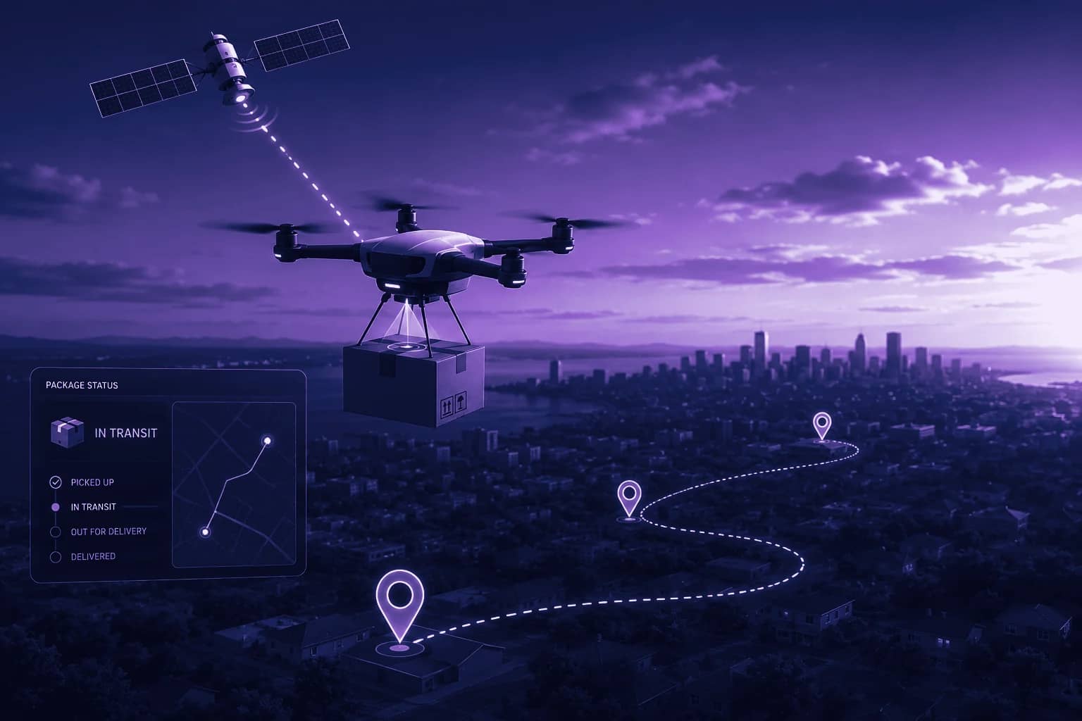 Delivery drone carrying a parcel over a coastal city at dusk, guided by satellite positioning, with a package-tracking panel and route markers