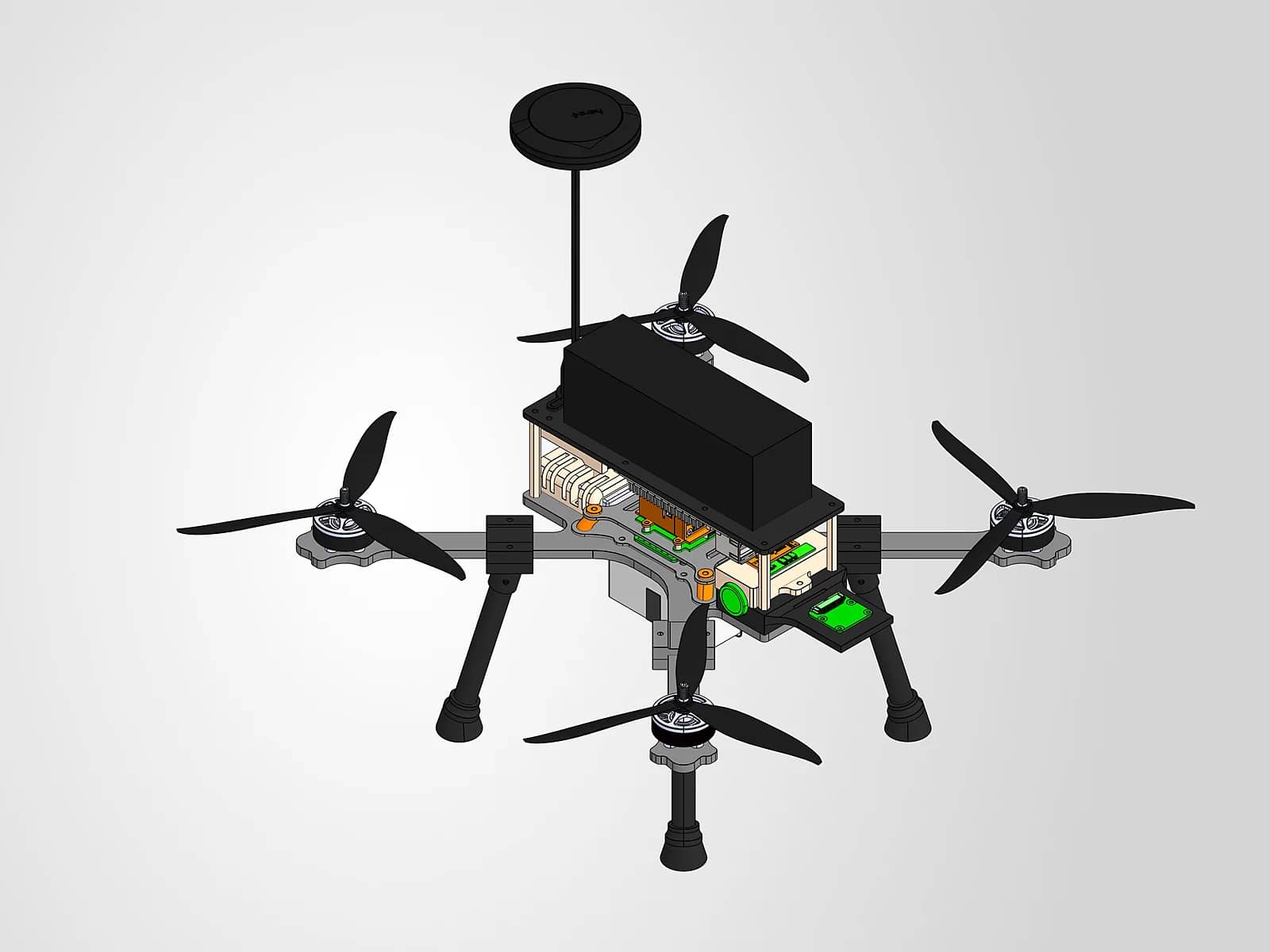 CAD render of a quadcopter with an integrated electronics module and a mast-mounted navigation antenna