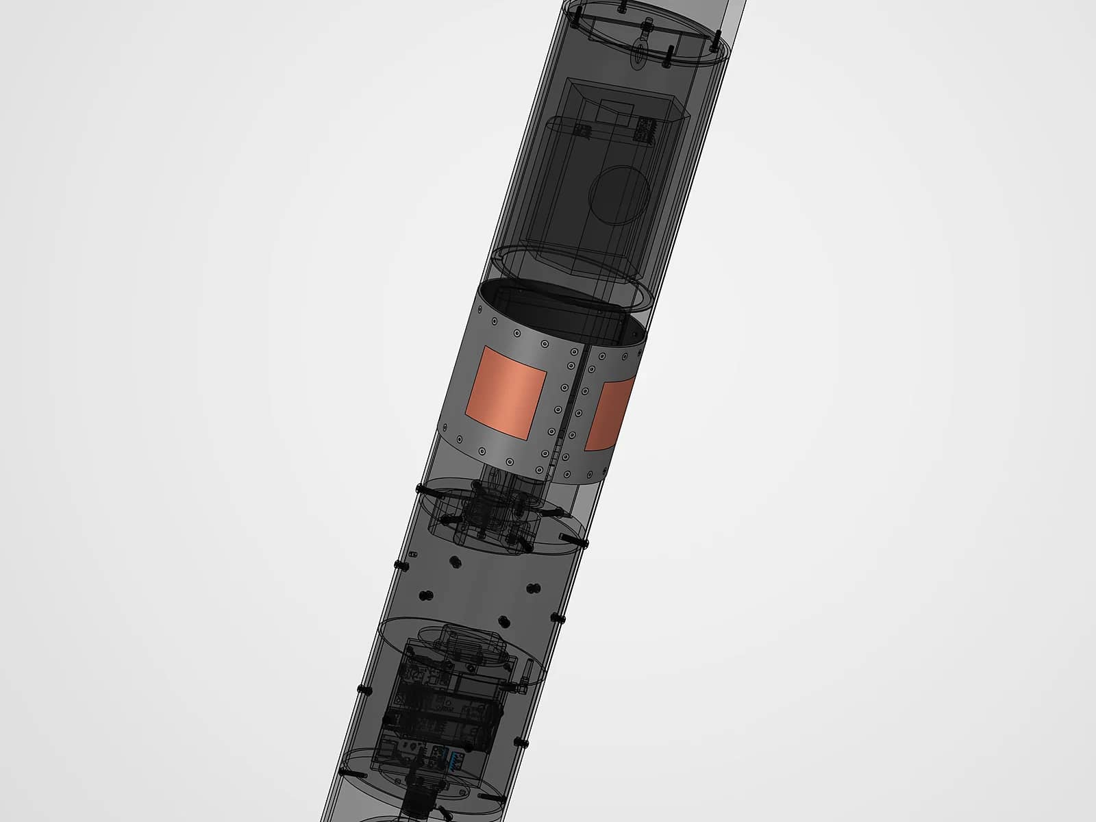 Transparent CAD render showing the avionics bay and antenna section inside the airframe