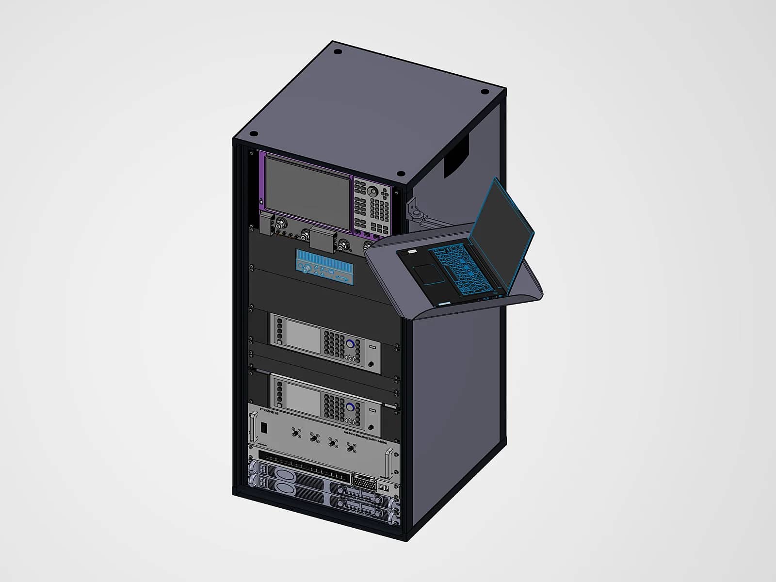 Isometric CAD render of an equipment rack with instruments and a laptop shelf