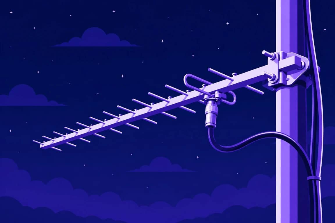 Illustration of a Yagi antenna mounted on a pole at night: a boom with a row of directors, a folded dipole and the coaxial cable that feeds it